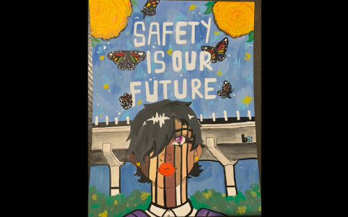 Original artwork by Citlalli Anamia, a painting of a youth with short black hair and a range of skin tones standing in front of an above-ground BART railway. Monarch butterflies are in the sky with a yellow flower in the top left and top right corners.