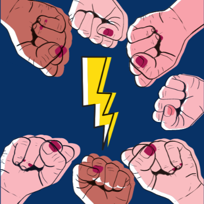 Image of fists in a circle surrounding a yellow lightning bolt over a dark blue background