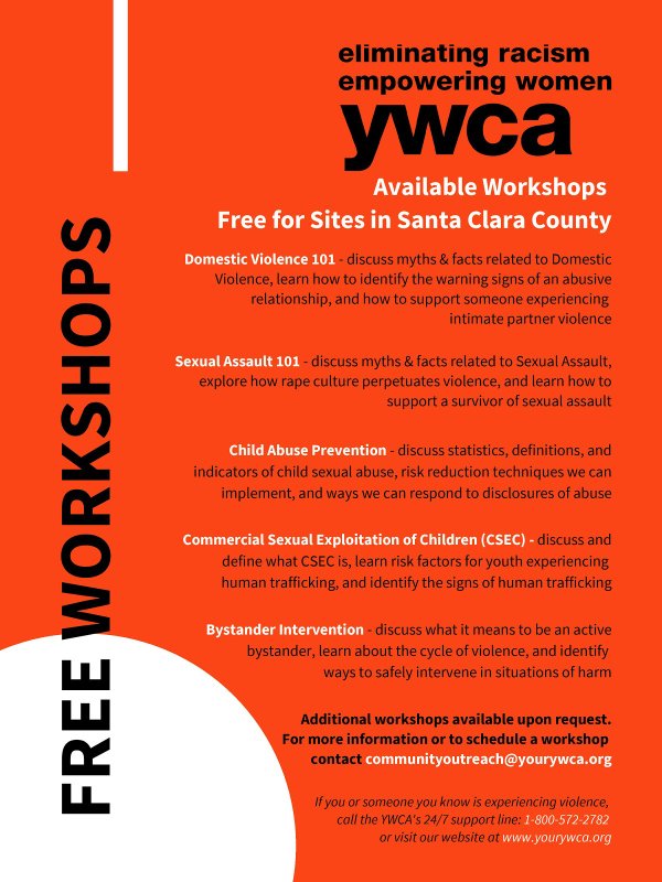 Flyer promoting YWCA's free workshop offerings in Santa Clara County