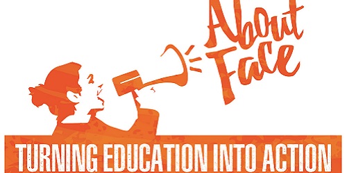 Image of graphic with girl speaking into a megaphone. Text says About Face, Turning education into action
